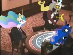 Size: 640x480 | Tagged: safe, discord, princess celestia, princess luna, g4, casino, meme, russian meme