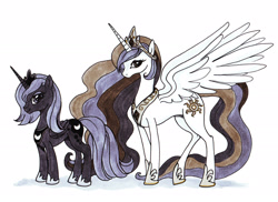 Size: 2464x1791 | Tagged: safe, artist:nambnb, princess celestia, princess luna, alicorn, pony, g4, concave belly, duo, duo female, female, looking at you, mare, royal sisters, s1 luna, siblings, simple background, sisters, slender, thin, white background