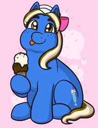 Size: 1280x1673 | Tagged: safe, artist:verikoira, oc, oc only, oc:sundae shake, earth pony, pony, bow, chubby, commission, fat, female, food, freckles, hair bow, ice cream, ice cream cone, licking, licking lips, mare, plump, solo, tongue out