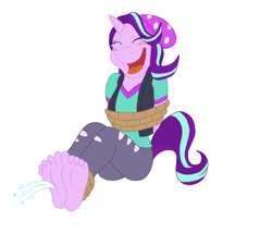 Size: 786x672 | Tagged: safe, artist:irkingir, starlight glimmer, anthro, plantigrade anthro, equestria girls, g4, arm behind back, barefoot, bondage, brush, crying, eyes closed, feather, feet, fetish, foot fetish, foot focus, laughing, open mouth, rope, rope bondage, simple background, soles, tears of laughter, tickling, tied up, white background