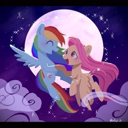 Size: 2048x2048 | Tagged: safe, artist:efuji_d, fluttershy, rainbow dash, pegasus, pony, g4, backwards cutie mark, blushing, cloud, cute, dashabetes, duo, eyes closed, female, flying, full moon, holding hooves, lesbian, letterboxing, looking at each other, looking at someone, mare, moon, open mouth, open smile, ship:flutterdash, shipping, shyabetes, signature, sky, smiling, spread wings, windswept mane, wings
