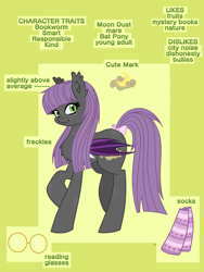 Size: 3456x4608 | Tagged: safe, artist:dreamy990, oc, oc only, oc:moon dust, bat pony, pony, clothes, female, mare, reference sheet, socks, solo, striped socks