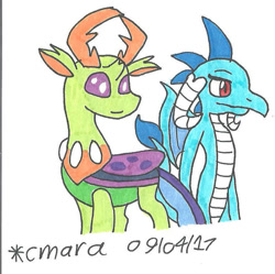 Size: 771x767 | Tagged: safe, artist:cmara, princess ember, thorax, changedling, changeling, dragon, g4, cute, dragoness, duo, emberbetes, female, interspecies, king thorax, male, ship:embrax, shipping, simple background, straight, thorabetes, traditional art, white background