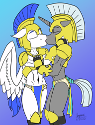 Size: 1704x2233 | Tagged: safe, artist:vesperce, pegasus, unicorn, anthro, armor, duo, duo male, gay, gay kiss, kissing, loincloth, male, royal guard, tail, tail wrap, unconvincing armor