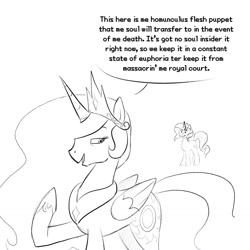 Size: 1280x1280 | Tagged: safe, artist:queertrixie, princess celestia, sunset shimmer, alicorn, pony, unicorn, g4, duo, duo female, female, mare, monochrome, pirate talk