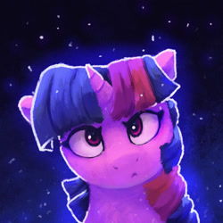 Size: 1600x1600 | Tagged: safe, artist:thefloatingtree, twilight sparkle, pony, unicorn, g4, :c, abstract background, floppy ears, frown, horn, solo, starry background