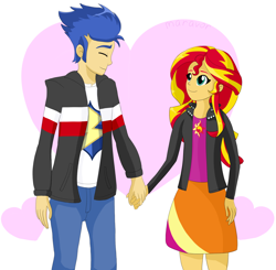 Size: 1990x1952 | Tagged: safe, artist:maravor, flash sentry, sunset shimmer, equestria girls, g4, clothes, cute, duo, female, heart, jacket, looking at each other, looking at someone, male, shimmerbetes, ship:flashimmer, shipping, skirt, straight