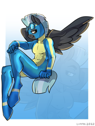 Size: 1427x1889 | Tagged: safe, artist:lummh, thunderlane, pegasus, anthro, unguligrade anthro, g4, bodysuit, clothes, duality, goggles, looking at you, male, nudity, signature, sitting, smiling, smiling at you, solo, spread wings, uniform, wings, wonderbolts uniform, zoom layer