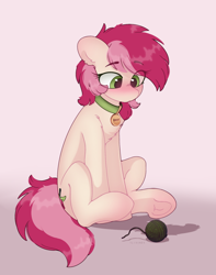 Size: 1582x2008 | Tagged: safe, artist:flixanoa, roseluck, earth pony, pony, g4, behaving like a cat, blushing, chest fluff, collar, cute, ear fluff, eye clipping through hair, eyebrows, eyebrows visible through hair, female, floppy ears, flower, hooves, lovely, mare, pony pet, rosabetes, rose, rosepet, shadow, signature, sitting, solo, tail, two toned mane, two toned tail, underhoof, yarn, yarn ball