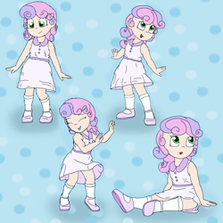 Size: 2500x2500 | Tagged: safe, artist:tahublade7, sweetie belle, human, g4, clothes, cute, dancing, diasweetes, dress, female, happy, high res, humanized, mary janes, shoes, smiling, socks, weapons-grade cute