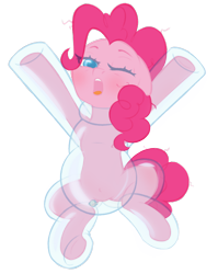 Size: 860x1080 | Tagged: safe, artist:latexcut1e, pinkie pie, earth pony, pony, g4, belly button, blushing, clothes, fetish, inflatable, inflatable fetish, inflatable suit, inflation, looking at you, one eye closed, poofsuit, see-through, simple background, stretching, transparent background, yawn