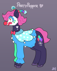 Size: 733x913 | Tagged: safe, artist:greenarsonist, oc, oc only, oc:party popper🎊, earth pony, pony, chubby, clown, clown makeup, clown nose, male, red nose, solo, unshorn fetlocks