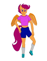 Size: 927x1200 | Tagged: safe, artist:nate5700, scootaloo, pegasus, anthro, plantigrade anthro, g4, clothes, female, looking at you, shoes, simple background, smiling, smiling at you, socks, solo, spread wings, white background, winged anthro, wings