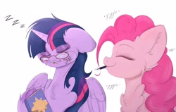 Size: 3524x2246 | Tagged: safe, artist:ponyangle, pinkie pie, twilight sparkle, alicorn, earth pony, pony, g4, book, cheek fluff, chest fluff, cute, diapinkes, duo, ear fluff, face doodle, female, fluffy, funny, high res, mare, prank, simple background, text, twiabetes, twilight sparkle (alicorn), twilight sparkle is not amused, unamused, unshorn fetlocks, white background