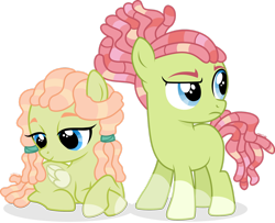Size: 1920x1556 | Tagged: safe, artist:cirillaq, oc, oc only, oc:brave tree, oc:warm hug, earth pony, pegasus, pony, blue eyes, coat markings, colt, duo, earth pony oc, eyebrows, female, filly, foal, folded wings, frown, hooves, lying down, magical lesbian spawn, male, offspring, parent:fluttershy, parent:tree hugger, parents:flutterhugger, pegasus oc, prone, shadow, show accurate, signature, simple background, socks (coat markings), standing, transparent background, two toned mane, wings