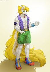 Size: 970x1400 | Tagged: safe, artist:margony, oc, oc:alabastor amril, earth pony, anthro, plantigrade anthro, belt, clothes, earth pony oc, jewelry, male, muscles, necklace, shorts, solo, tattoo, vest