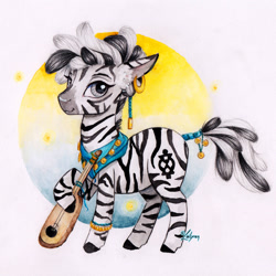 Size: 1024x1024 | Tagged: safe, artist:lailyren, oc, oc only, zebra, musical instrument, solo, traditional art, zebra oc