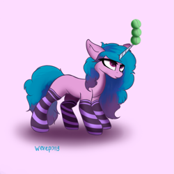 Size: 1321x1321 | Tagged: safe, artist:wevepon3, izzy moonbow, pony, unicorn, g5, my little pony: a new generation, ball, clothes, izzy's tennis ball, socks, solo, striped socks, tennis ball, that pony sure does love tennis balls