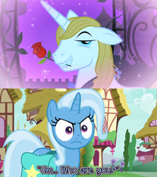 Size: 1280x1440 | Tagged: safe, edit, edited screencap, screencap, prince blueblood, trixie, pony, unicorn, g4, student counsel, do not want, female, male, meme, reaction, ship:bluetrix, shipping, shipping denied, special eyes, straight, trixie is not amused, unamused