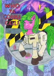 Size: 1632x2282 | Tagged: safe, artist:assertiveshypony, plasmane, earth pony, ghost, ghost pony, pony, undead, city, clothes, crossover, drawing, female, ghostbusters, looking at you, mare, tape, traditional art