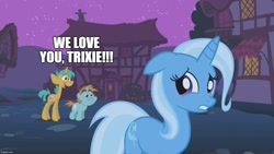 Size: 1280x720 | Tagged: safe, edit, edited screencap, screencap, snails, snips, trixie, boast busters, g4, caption, image macro, implied shipping, text, trixie's fans