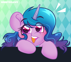 Size: 2781x2402 | Tagged: safe, artist:ninnydraws, izzy moonbow, pony, unicorn, g5, my little pony: a new generation, blushing, breaking the fourth wall, cute, eye clipping through hair, female, fourth wall, heart eyes, high res, izzybetes, looking at you, mare, open mouth, open smile, simple background, smiling, solo, weapons-grade cute, wingding eyes