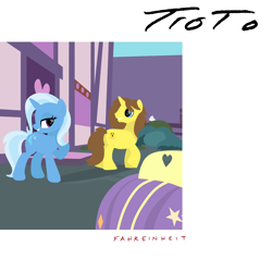 Size: 2000x2000 | Tagged: safe, artist:grapefruit-face, trixie, oc, oc:grapefruit face, pony, unicorn, g4, album cover, base used, canon x oc, car, duo, female, flirting, grapexie, high res, looking at each other, looking at someone, male, outdoors, ponified, ponified album cover, shipping, smiling, straight, sugarcube corner, toto (band)