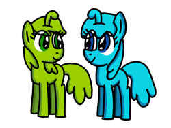Size: 1024x768 | Tagged: safe, artist:danielthebrony57, pony, g4, blue (cut the rope 2), blue eyes, bluebetes (cut the rope 2), crossover, cut the rope, cut the rope 2, cute, duo, eye clipping through hair, eye contact, female, friends, full body, green eyes, hooves, looking at each other, looking at someone, mare, nommie, nommie pony, om nom (character), omnomabetes, ponified, simple background, smiling, smiling at each other, standing, transparent background