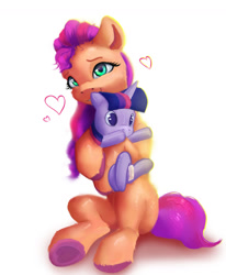 Size: 1115x1353 | Tagged: safe, artist:itssim, sunny starscout, twilight sparkle, earth pony, pony, g4, g5, my little pony: a new generation, cute, female, happy, heart, holding a plushie, hoof heart, hug, hugging a plushie, mare, plushie, simple background, sitting, smiling, solo, sunnybetes, twilight sparkle plushie, underhoof, unshorn fetlocks, upside-down hoof heart, white background