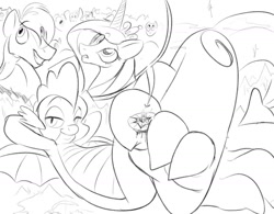 Size: 1280x998 | Tagged: safe, artist:jerberjer, princess cadance, spike, alicorn, dragon, pony, g4, between toes, city, cool, crowd, crystal empire, feet, fetish, foot fetish, foot focus, gentle, giant dragon, macro, male, male feet, mega, mountain, paws, playful, princess, relaxing, resting, smiling, teenager, toes, wings
