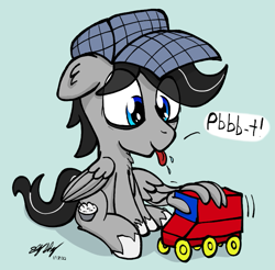 Size: 719x707 | Tagged: safe, artist:ebbysharp, oc, oc only, oc:chopsticks, pegasus, pony, behaving like a child, cute, descriptive noise, hat, male, onomatopoeia, pegasus oc, playing, raspberry, raspberry noise, sitting, solo, stallion, tongue out, toy train, wing hands, wings