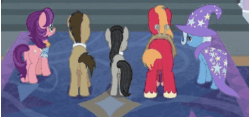 Size: 476x222 | Tagged: safe, edit, edited screencap, screencap, big macintosh, doctor whooves, octavia melody, spoiled rich, time turner, trixie, earth pony, pony, unicorn, a horse shoe-in, g4, season 9, animated, big backintosh, butt, cape, clothes, doctorbutt, female, gif, hat, male, mare, plot, spoiled ass, stallion, treblebutt, trixie's cape, trixie's hat