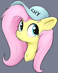 Size: 998x1256 | Tagged: safe, artist:whiskeypanda, fluttershy, pegasus, pony, g4, bust, cap, clothes, cute, female, gray background, hat, looking at you, mare, shyabetes, simple background, smiling, smiling at you, solo