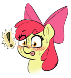 Size: 698x768 | Tagged: safe, artist:heretichesh, apple bloom, earth pony, pony, g4, blushing, exclamation point, female, filly, foal, simple background, solo, sweat, tongue out, transparent background