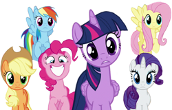 Size: 1280x821 | Tagged: safe, edit, edited screencap, editor:twilyisbestpone, screencap, applejack, fluttershy, pinkie pie, rainbow dash, rarity, twilight sparkle, alicorn, earth pony, pegasus, pony, unicorn, g4, background removed, female, looking at you, mane six, one of these things is not like the others, pinkie being pinkie, simple background, transparent background, twilight sparkle (alicorn)