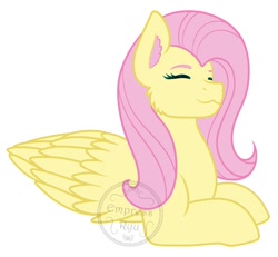 Size: 1300x1200 | Tagged: safe, artist:empress_ryu, fluttershy, pegasus, pony, g4, bust, cheek fluff, ear fluff, eyes closed, female, folded wings, happy, lying down, mare, prone, request, requested art, simple background, smiling, solo, white background, wings