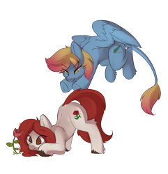 Size: 3154x3275 | Tagged: safe, artist:beardie, oc, oc:merrifeather, oc:rose, earth pony, pegasus, pony, brown eyes, colored wings, earth pony oc, face down ass up, female, flower, high res, incoming hug, leonine tail, looking at something, midair, pegasus oc, pounce, red mane, rose, simple background, tail, transparent background, two toned mane, two toned tail, two toned wings, wings, yellow eyes