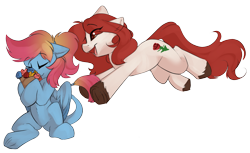 Size: 3245x1986 | Tagged: safe, artist:beardie, oc, oc only, oc:merrifeather, oc:rose, earth pony, pegasus, pony, bouquet, bouquet of flowers, brown eyes, colored wings, earth pony oc, eyes closed, flower, incoming hug, jumping, midair, pegasus oc, pounce, red mane, red tail, simple background, sitting, smiling, tail, transparent background, two toned mane, two toned tail, two toned wings, wings