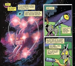 Size: 1037x910 | Tagged: safe, artist:andypriceart, idw, cosmos, discord, draconequus, g4, spoiler:comic, spoiler:comic78, comic, cropped, heart, moon, planet, space, sparkles, stars, telescope