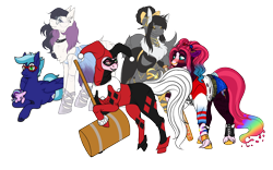 Size: 4603x2878 | Tagged: safe, artist:greenarsonist, artist:malinraf1615, artist:snows-undercover, derpibooru exclusive, starlight glimmer, oc, oc only, oc:foxy, oc:gusty gale, oc:painted lilly, oc:strawberry quinn, oc:ziena, earth pony, pegasus, pony, unicorn, 2022 community collab, derpibooru community collaboration, alternate hairstyle, baseball bat, beautiful, bedroom eyes, belt, bisexual pride flag, blushing, boots, bow, bracelet, chest fluff, choker, clothes, cosplay, costume, dc comics, dress, ear piercing, earring, eyes closed, eyeshadow, fancy, female, fishnets, freckles, gala dress, glasses, gloves, hair bow, hammer, harley quinn, high res, hoof shoes, jester, jewelry, lesbian, lipstick, makeup, male, mallet, mare, markings, mask, multicolored hair, necklace, nonbinary, nonbinary pride flag, nose piercing, nose ring, oc x oc, piercing, plushie, pride, pride flag, raised hoof, raised leg, sandals, seduction, shipping, shirt, shoes, shorts, simple background, stallion, t-shirt, tail, tail seduce, tattoo, torn clothes, transparent background, unshorn fetlocks, wall of tags, wristband