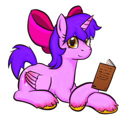 Size: 1100x1100 | Tagged: safe, artist:hiddelgreyk, oc, oc only, alicorn, pony, 2022 community collab, derpibooru community collaboration, alicorn oc, book, bow, female, hair bow, horn, lying down, mare, purple hair, simple background, solo, transparent background, wings, yellow eyes