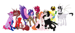 Size: 6762x3000 | Tagged: safe, artist:malinraf1615, artist:theartfox2468, oc, oc only, oc:angel petals, oc:barnburner, oc:estella sparkle, oc:grimm fable, oc:jezza belle, oc:lilac, oc:sol shines, oc:venus red heart, alicorn, earth pony, human, pegasus, pony, unicorn, 2022 community collab, derpibooru community collaboration, absurd resolution, alicorn oc, alternate hairstyle, anklet, attack on titan, bandage, bandana, bedroom eyes, belt, bisexual pride flag, blushing, bone, boots, brazil, can, canada, canadian, canadian flag, chess piece, chest fluff, choker, christianity, clothes, cosplay, costume, crossover, crown, curved horn, deaf, dress, ear piercing, earring, energy drink, eren jaeger, eye clipping through hair, eyebrows, eyebrows visible through hair, eyeshadow, face mask, fangs, female, fingerless gloves, flag, flustered, glasses, gloves, grim reaper, grin, hair over eyes, hair over one eye, hearing aid, heart eyes, hoodie, horn, jacket, jewelry, kissing, leg fluff, leonine tail, lesbian, lip piercing, lipstick, looking at each other, looking at someone, makeup, mare, markings, mask, mismatched socks, monster energy, mouth hold, multicolored hair, necklace, nun outfit, nuzzling, oc x oc, offspring, one eye closed, open mouth, overalls, pants, parent:flash sentry, parent:twilight sparkle, parents:flashlight, piercing, playing card, plushie, pride, pride flag, raised hoof, raised leg, regalia, religion, shipping, shirt, shoes, shorts, simple background, sitting, size difference, skirt, smiling, socks, spiked choker, spread wings, stockings, striped socks, sweater, tail, thigh highs, transparent background, underhoof, unshorn fetlocks, wall of tags, wingding eyes, wings