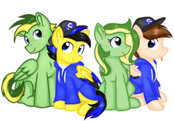 Size: 1221x850 | Tagged: safe, artist:rainbow eevee, oc, oc only, oc:boomerang beauty, oc:didgeree, oc:ponyseb 2.0, oc:seb the pony, pegasus, pony, 2022 community collab, derpibooru community collaboration, :p, blue eyes, clothes, colored wings, cute, facial hair, female, folded wings, group, jacket, looking at each other, looking at someone, male, ponified, simple background, sitting, snapback, sweater, tongue out, transparent background, two toned mane, vector, wings