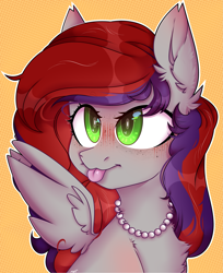 Size: 2985x3658 | Tagged: safe, artist:morttdecai3, oc, oc only, oc:evening prose, pegasus, pony, blushing, bust, chest fluff, female, freckles, high res, jewelry, mare, necklace, pearl necklace, pegasus oc, smiling, solo, spread wings, tongue out, wings