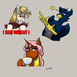 Size: 3000x3000 | Tagged: safe, artist:ghouleh, oc, oc only, oc:bitter delight, oc:eid, oc:regal inkwell, griffon, pony, unicorn, armor, cup, curved horn, female, finger gun, food, high res, horn, male, mare, royal guard, stallion, stars, teacup, wheat