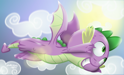Size: 1621x985 | Tagged: safe, artist:php178, spike, dragon, father knows beast, g4, my little pony: the movie, .svg available, cloud, cloudy, flying, grin, lens flare, movie accurate, nc-tv signature, raised arm, raised arms, scales, signature, simple background, smiling, sunlight, sunshine, svg, underfoot, vector, winged spike, wings