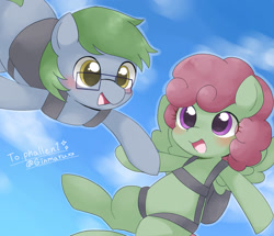 Size: 1522x1308 | Tagged: safe, artist:ginmaruxx, oc, oc only, oc:software patch, oc:windcatcher, earth pony, pegasus, pony, commission, duo, earth pony oc, falling, glasses, holding hooves, parachute, pegasus oc, skeb commission, skydiving, windpatch