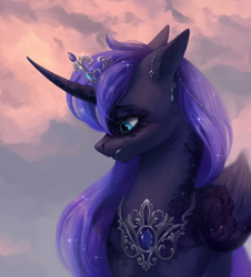 Size: 2350x2600 | Tagged: safe, artist:inarimayer, princess luna, alicorn, pony, bust, cloud, commission, crown, crying, depressed, depression, female, folded wings, high res, horn, jewelry, mare, modified accessory, peytral, regalia, solo, tears of pain, teary eyes, wings, wings down