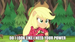 Size: 888x499 | Tagged: safe, edit, edited screencap, screencap, applejack, equestria girls, g4, my little pony equestria girls: legend of everfree, do i look like i need your power, imgflip, knuckles the echidna, male, meme, ponied up, solo, sonic the hedgehog (series), sonic the hedgehog 2 (movie)