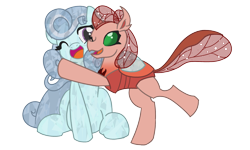 Size: 2000x1200 | Tagged: safe, artist:brownie-bytes, oc, oc only, oc:cacicus, oc:looking glass, changedling, changeling, crystal pony, 2022 community collab, derpibooru community collaboration, changedling oc, changeling oc, crystal pony oc, duo, hug, simple background, transparent background
